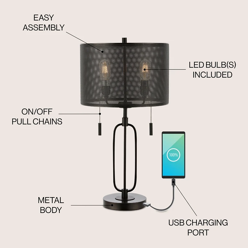 Jonathan Y Hank Industrial Farmhouse Iron Led Table Lamp with Usb Charging Port