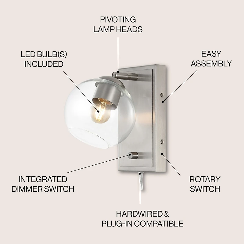 Hugo Minimalist Modern Plug Or Hardwired Adjustable Iron Led Wall Sconce with Rotary Dimmer