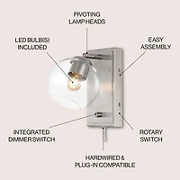 Hugo Minimalist Modern Plug Or Hardwired Adjustable Iron Led Wall Sconce with Rotary Dimmer