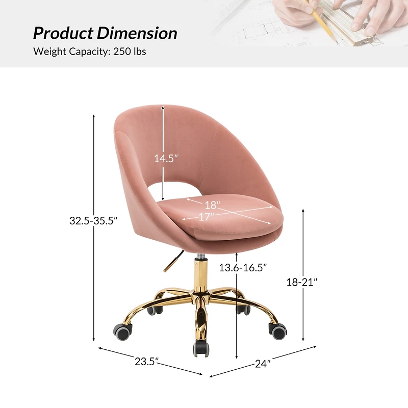 Hulala Home Modern Velvet Office Chair with Adjustable Swivel for Study Vanity