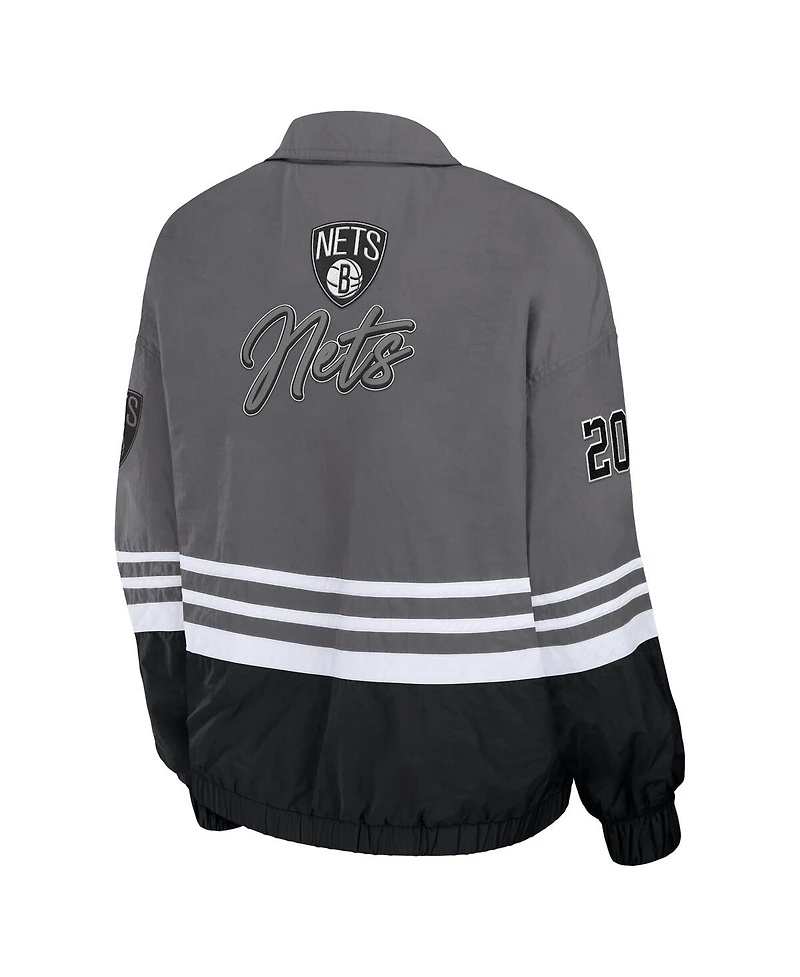 Women's Wear by Erin Andrews Silver Distressed Brooklyn Nets Vintage-Like Full-Zip Windbreaker