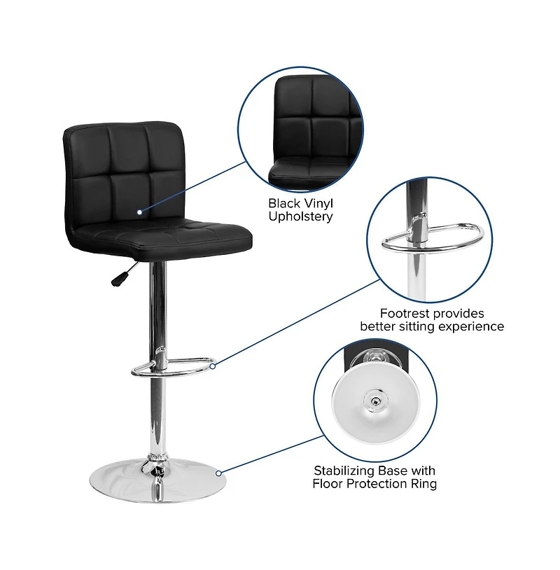 Quilted Vinyl Swivel Adjustable Height Barstool With Chrome Base