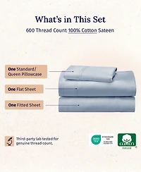5-Star Luxury Sheet Set, 600 Thread Count Cotton Sateen, Soft & Crisp Bed Sheets - Twin Xl