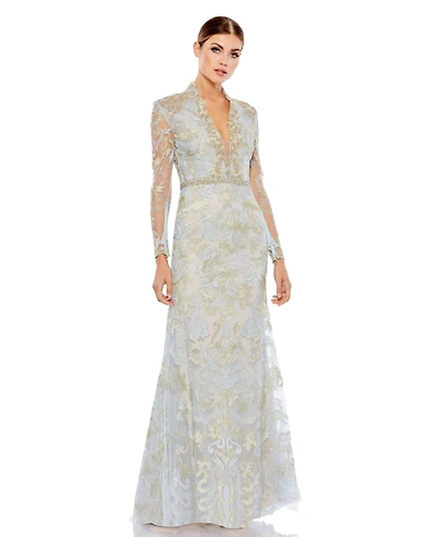 Women's Long Sleeve Applique V-Neck Gown