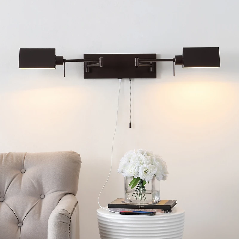Jonathan Y Arlo Farmhouse Industrial Single Swing Arm Plug In Or Hardwired Iron Led Wall Sconce with Pull Chain