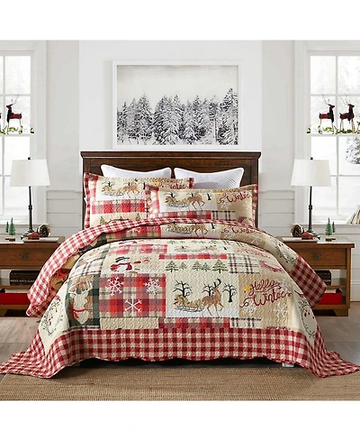 MarCielo 3 Piece Christmas Quilt Bedspread Set Rustic Cabin Lodge Quilt B010 - Queen
