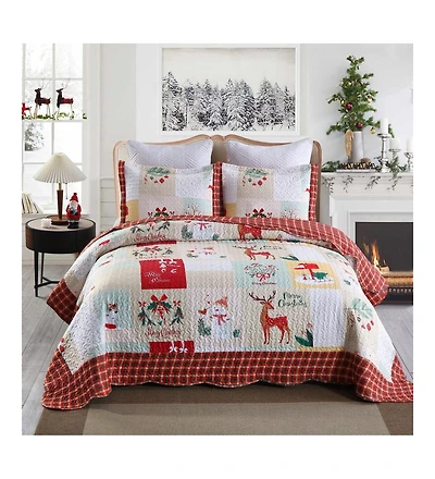 MarCielo 3 Piece Christmas Quilt Bedspread Set B023 - Queen