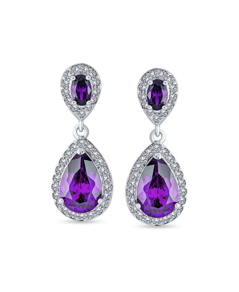 Bling Jewelry Fashion Purple Cz Halo Teardrop Drop Earrings Prom Purple Cubic Zirconia Rhodium Plated Brass