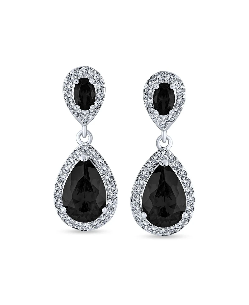 Bling Jewelry Fashion Pave Cz Halo Black Pear Shaped Teardrop Drop Statement Earrings Prom Rhodium Plated Brass