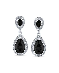 Bling Jewelry Fashion Pave Cz Halo Black Pear Shaped Teardrop Drop Statement Earrings Prom Rhodium Plated Brass