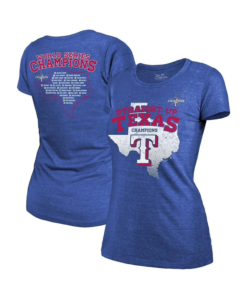 Women's Majestic Threads Royal Texas Rangers 2023 World Series Champions Local Ground Rules Roster Tri-Blend T-shirt