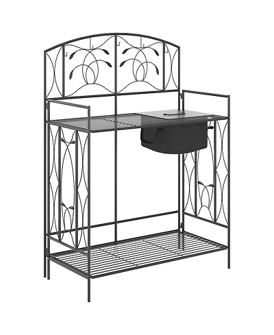 Outsunny Folding Potting Bench Table, Metal Garden Workstation, Work Bench with Large Built-in Bag with Cover, 5 Hanging Hooks & Storage Shelf, Leaf P
