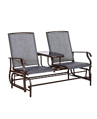 Outsunny 2-Person Outdoor Glider Bench w/ Center Table, Steel Frame for Backyard Garden Porch, Gray