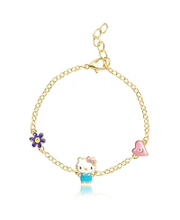 Sanrio Hello Kitty and Friends Womens 18kt Gold Plated Bracelet with Flower and Heart Charm Pendants, 6.5 + 1", Officially Licensed