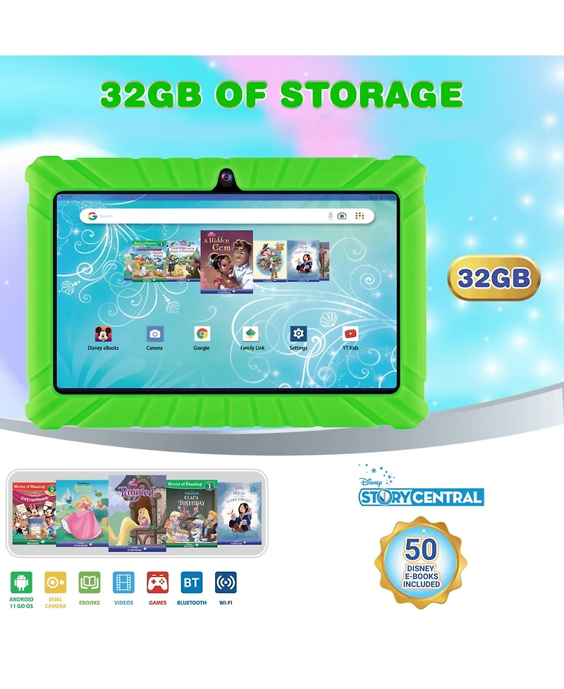 Contixo 7" V8-2 Kids Android 11 Bluetooth Wi-Fi Pro Hd Tablet 32GB Featuring 50 Disney eBooks with 2MP Dual Camera Toddler Child Proof Case