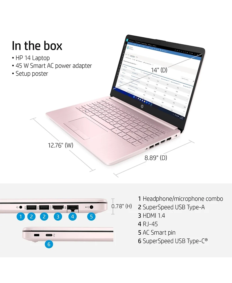 Hp Essential 14" Laptop Intel Celeron N4120 4GB Ram Intel Uhd Graphics 600 64GB eMMC Storage Windows 11 Home Hd - Pink