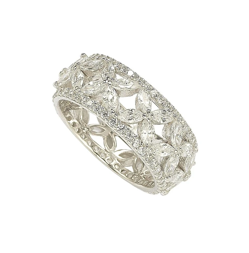 Suzy Levian Sterling Silver Cubic Zirconia Floral Eternity Band Ring