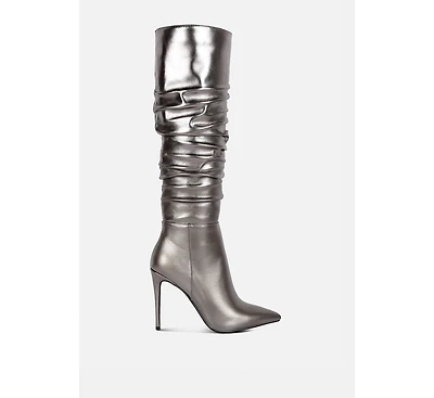 New-expression Pink Metallic Ruched Stiletto Knee Boots
