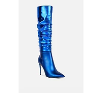 New-expression Pink Metallic Ruched Stiletto Knee Boots