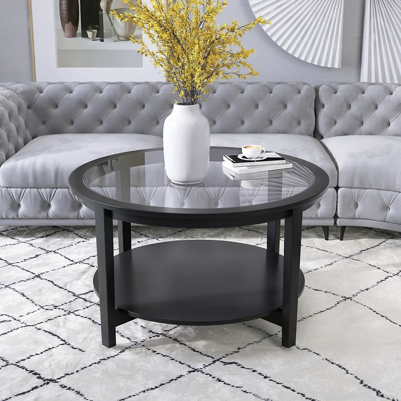 Streamdale Round glass top solid wood storage coffee table, black