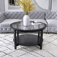 Streamdale Round glass top solid wood storage coffee table, black