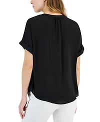 T Tahari Women's Split-Neck Rolled-Cuff Top