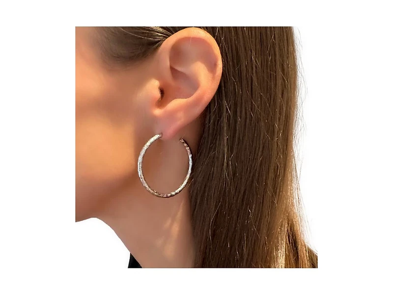 Rhodium Hammered Satin Hoop Earrings 1.5"