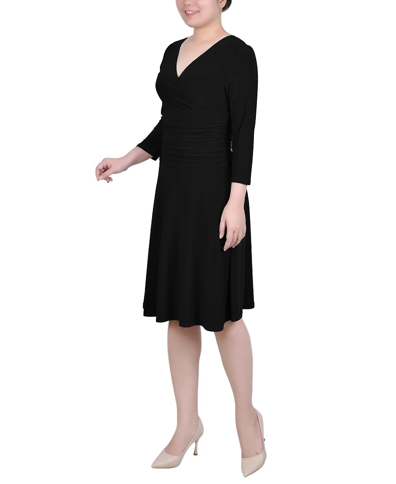 Ny Collection Petite 3/4 Sleeve Rouched-Waist Dress