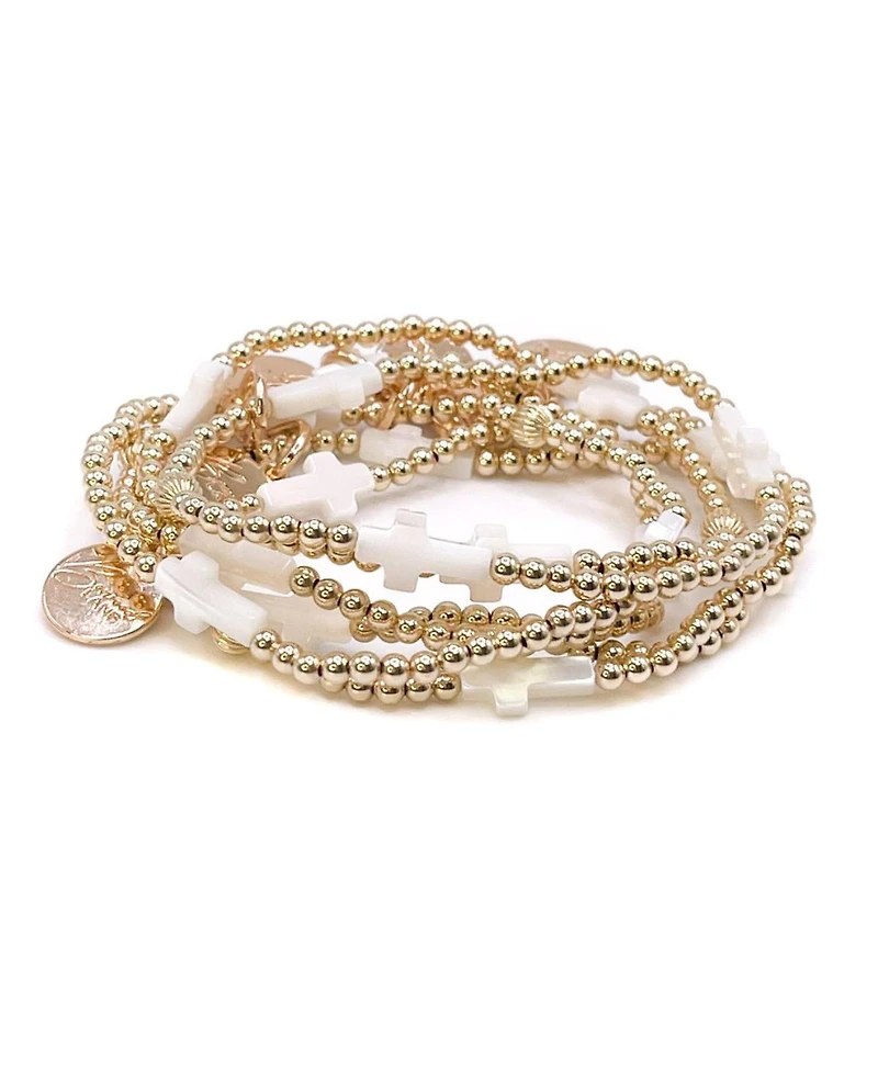 Bowood Lane Non-Tarnishing Gold Filled, 4mm Ball and Mother Of Pearl Cross Stretch Bracelet