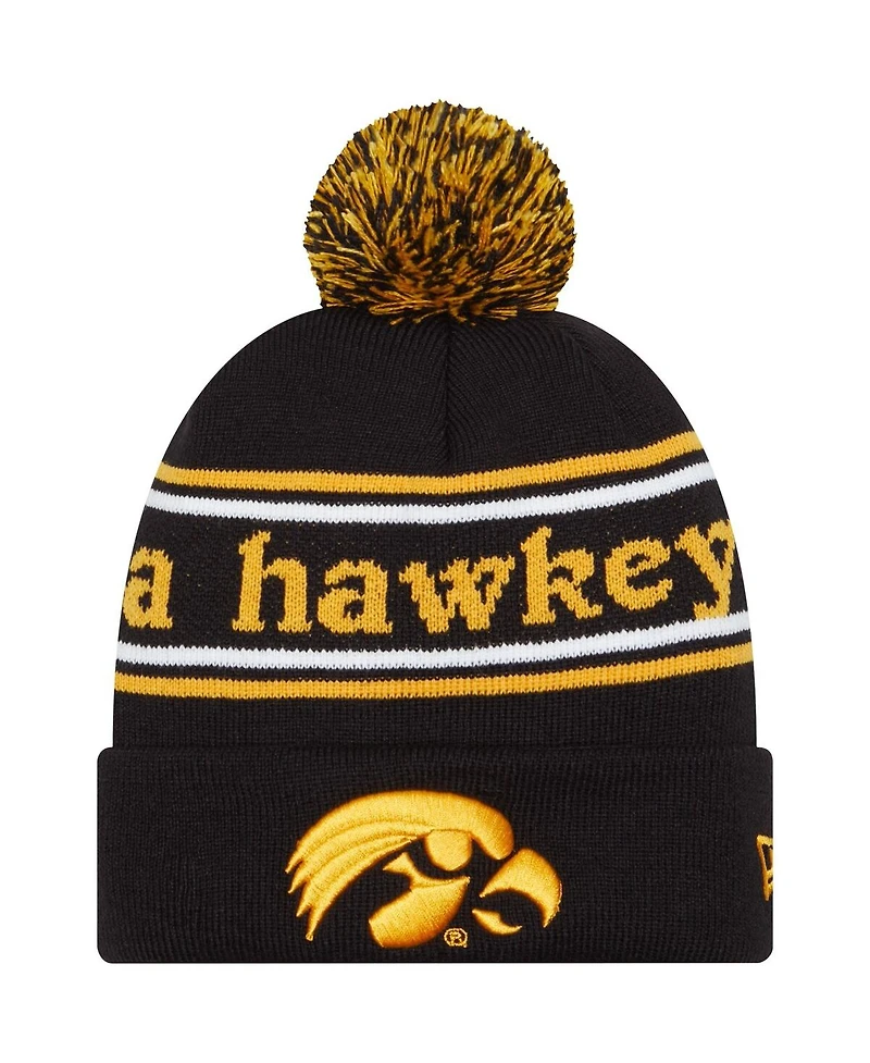 Men's New Era Black Iowa Hawkeyes Marquee Cuffed Knit Hat with Pom