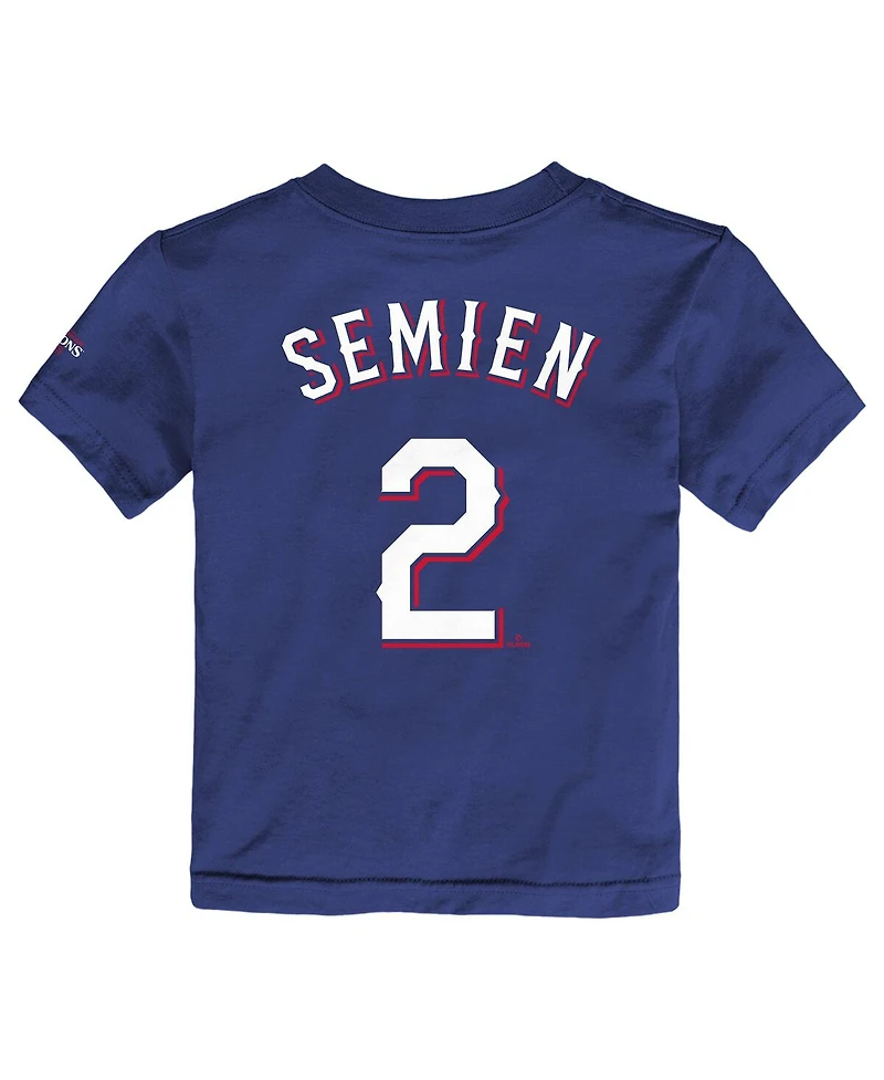 Toddler Boys and Girls Nike Marcus Semien Royal Texas Rangers 2023 World Series Champions Name and Number T-shirt