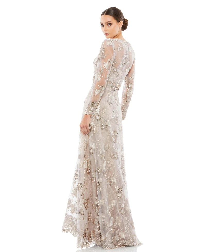 Women's Floral Embroidered Illusion Long Sleeve Evening Gown