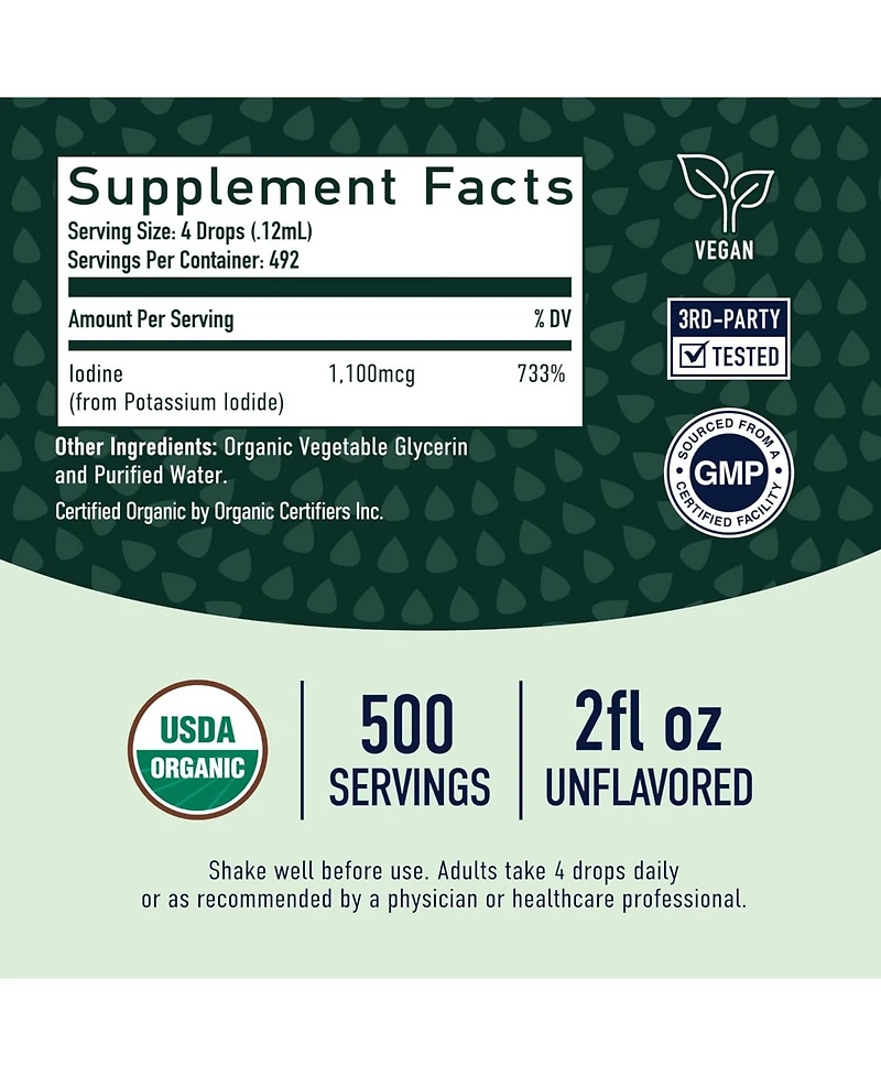 Organic Liquid Nascent Iodine Drops | Iodine Supplement for Thyroid, Energy & Metabolism Support | 2 Fl Oz | 500 Servings | Usda Certified Organic, Hi