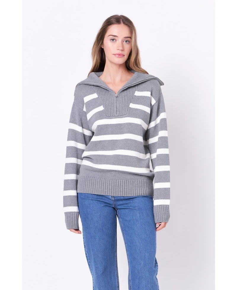 English Factory Women's Striped Knit Zip Pullover Sweater