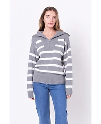 English Factory Women's Striped Knit Zip Pullover Sweater