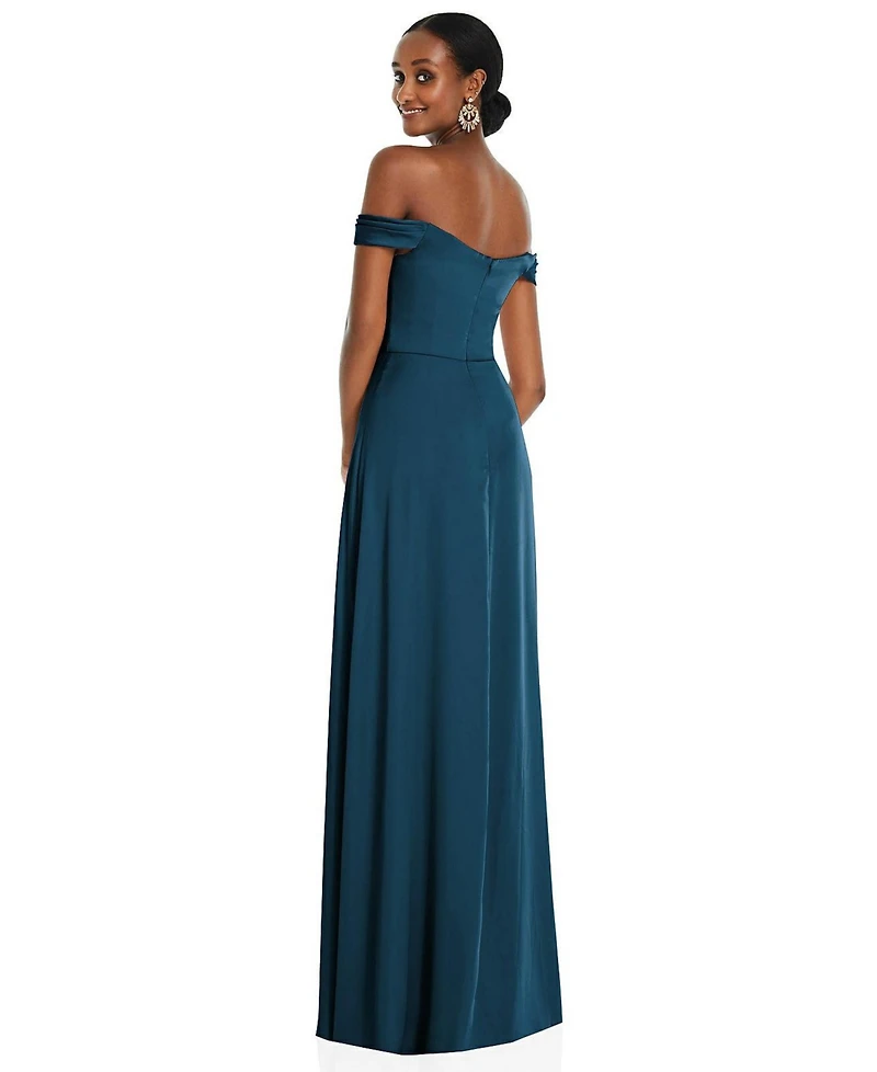 Womens Off-the-Shoulder Flounce Sleeve Empire Waist Gown with Front Slit