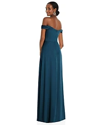 Womens Off-the-Shoulder Flounce Sleeve Empire Waist Gown with Front Slit