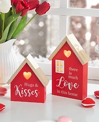 Glitzhome Lighted Valentine's Wooden House-Shaped Table Decor, Set of 2