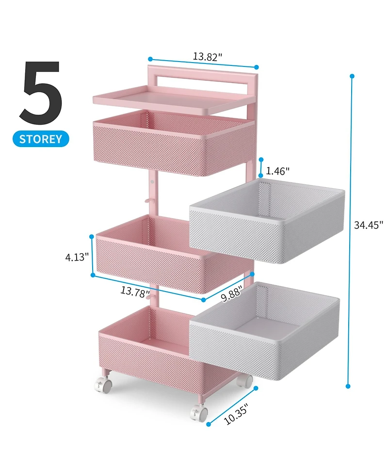 4 Tier Metal Utility Cart with Lockable Wheels, Rotating Shelf Household Organization Rack Corner