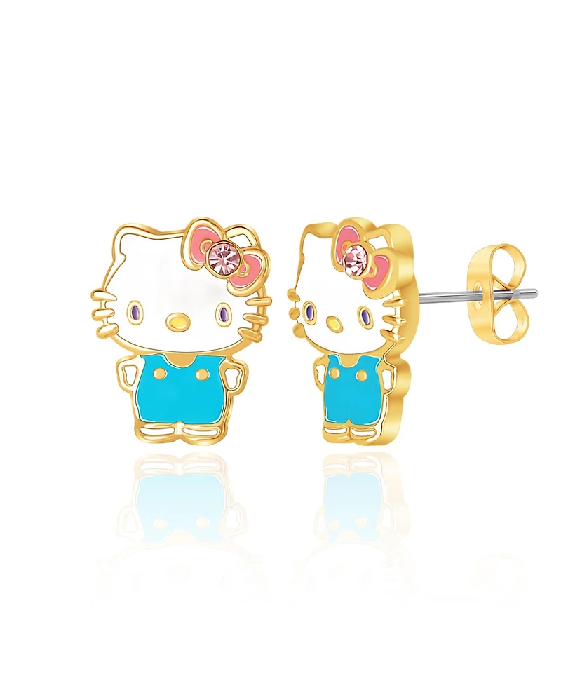 Sanrio Hello Kitty Brass Flash Plated Enamel and Pink Crystals Stud Earrings