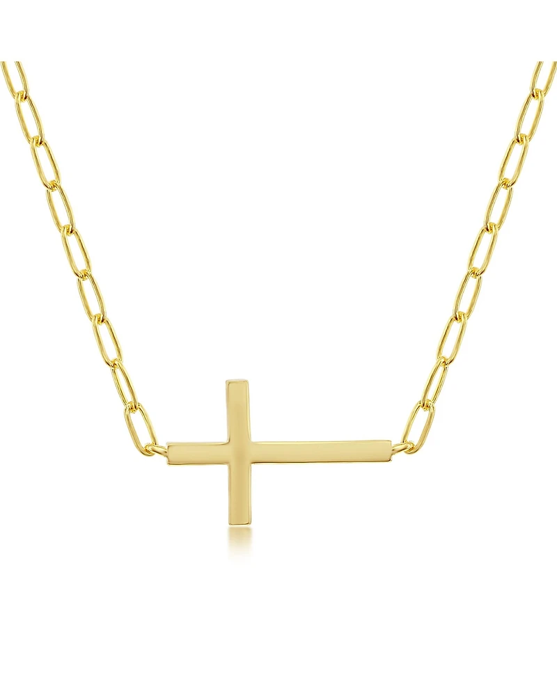 Sterling Silver Cz Sideways Cross Paperclip Necklace