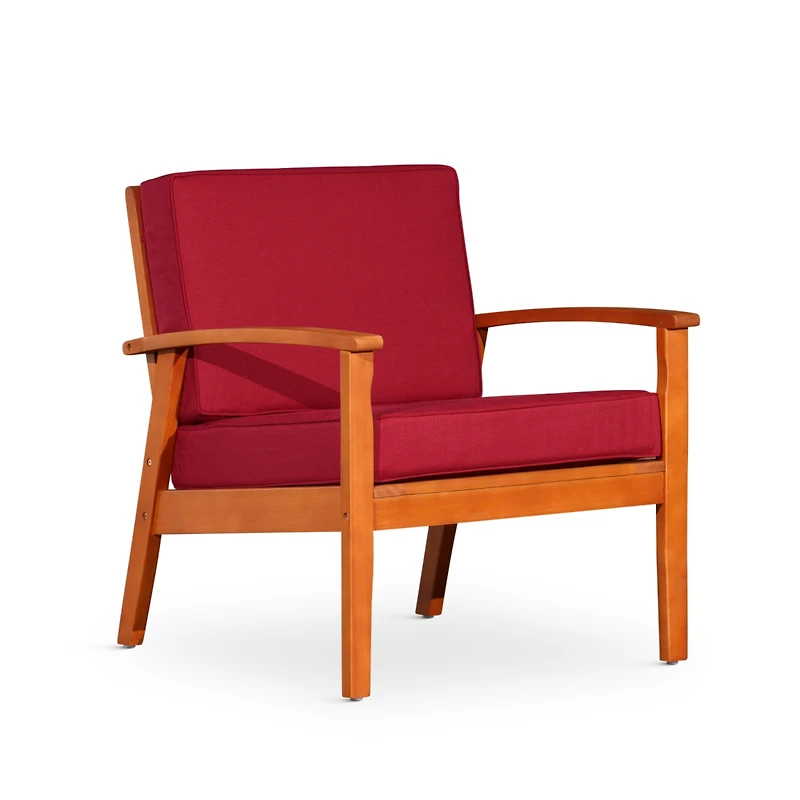 Simplie Fun Deep Seat Eucalyptus Chair, Natural Oil Finish, Burgundy Cushions