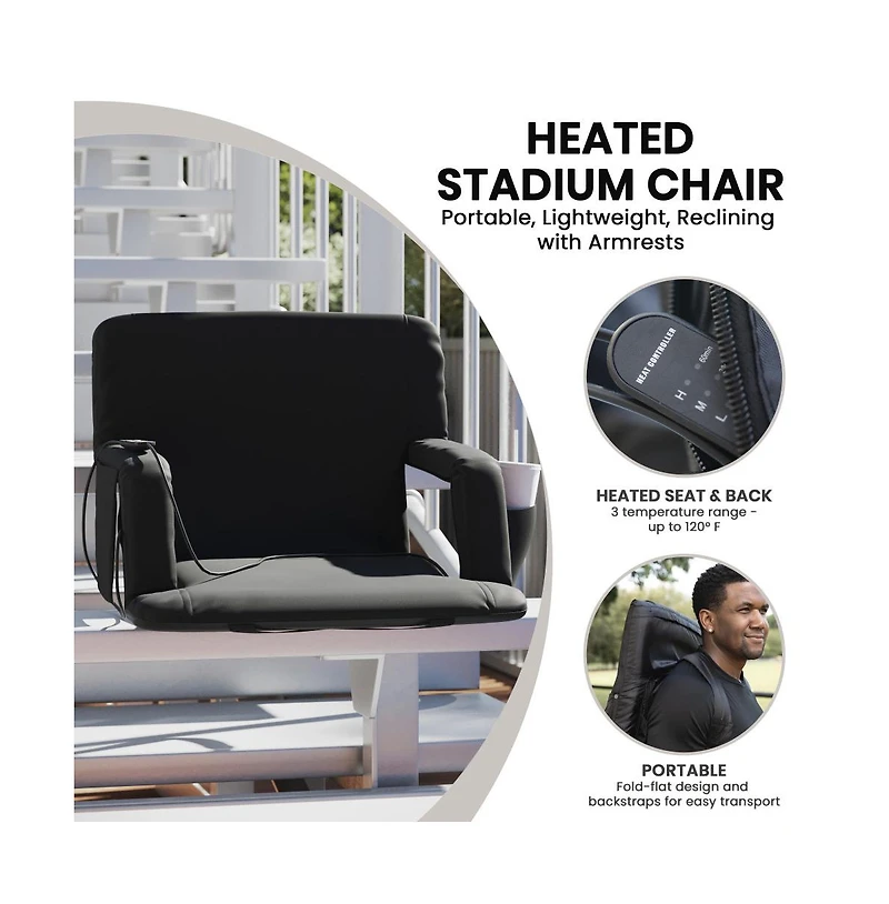 Mikki Extra Wide Portable Heated Reclining Stadium Chair W/Armrests, Padded Back & Heated Seat W/Dual Storage Pockets And Backpack Straps