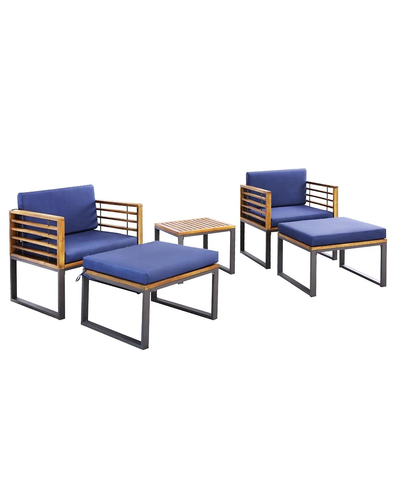 5 Piece Patio Acacia Wood Chair Set with Ottomans and Coffee Table-Navy