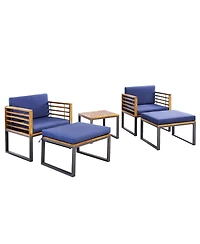 5 Piece Patio Acacia Wood Chair Set with Ottomans and Coffee Table-Navy