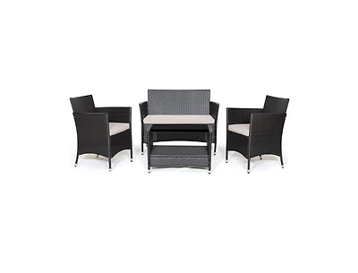 4 Pieces Patio Conversation Set with Soft Cushions and Tempered Glass Tabletop
