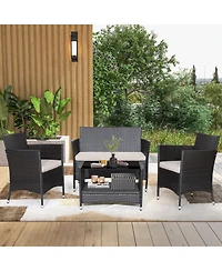 4 Pieces Patio Conversation Set with Soft Cushions and Tempered Glass Tabletop