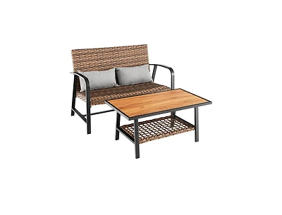 2 Pieces Patio Rattan Coffee Table Set with Shelf