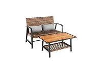 2 Pieces Patio Rattan Coffee Table Set with Shelf