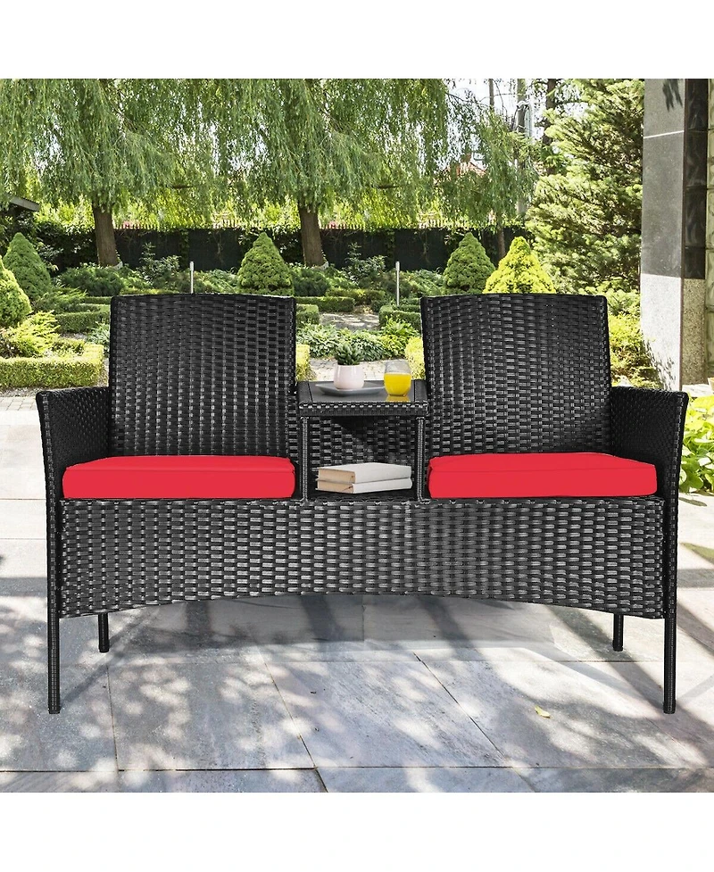 Wicker Patio Conversation Furniture Set with Removable Cushions and Table